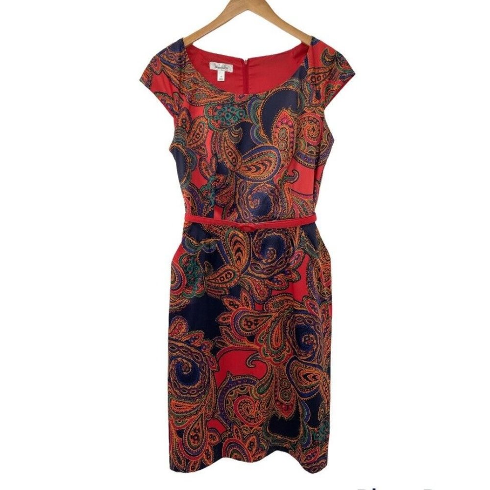 Dressbarn Women's 12 Paisley Print  Red Belt Cap Short Sleeve Dress